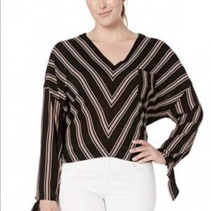 American Rose Gabby Black Striped V-Neck Long Sleeve Blouse Plus Size 1X